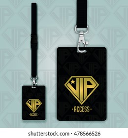 Set Of Lanyard And Badge. Design Example Vip Pass. Template Vector Illustration. Seamless Background Pattern VIP Letters.