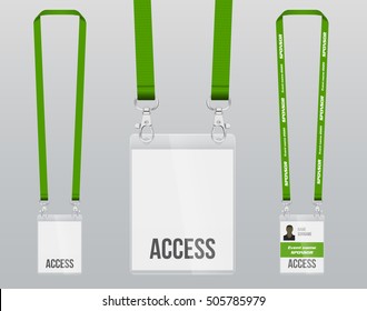 Set of lanyard and badge. Double closing piece of metal. Plastic badge. Template for presentation of their design. realistic vector illustration.