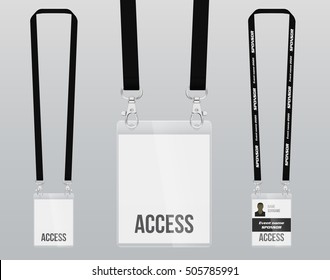 Set of lanyard and badge. Double closing piece of metal. Plastic badge. Template for presentation of their design. realistic vector illustration.