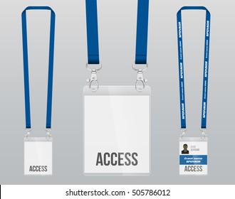 Set of lanyard and badge. Double closing piece of metal. Plastic badge. Template for presentation of their design. realistic vector illustration.