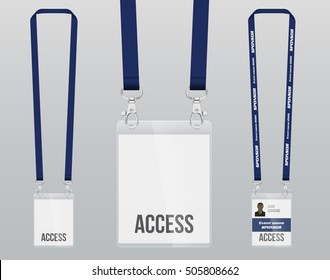 Set of lanyard and badge. Double closing piece of metal. Plastic badge. Template for presentation of their design. realistic vector illustration.