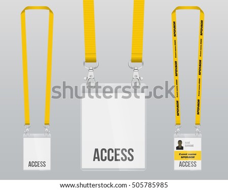 Set of lanyard and badge. Double closing piece of metal. Plastic badge. Template for presentation of their design. realistic vector illustration.