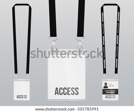 Set of lanyard and badge. Double closing piece of metal. Plastic badge. Template for presentation of their design. realistic vector illustration.