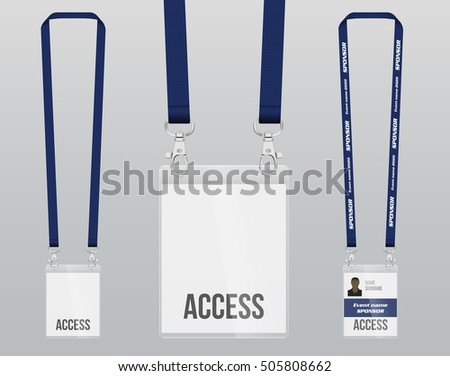 Set of lanyard and badge. Double closing piece of metal. Plastic badge. Template for presentation of their design. realistic vector illustration.