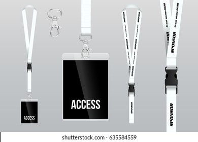 Set of lanyard and badge. Metal piece. Plastic badge. Template for presentation of their design. realistic vector illustration.