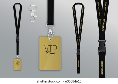 Set of lanyard and badge. Metal piece. Plastic badge. Template for presentation of their design. realistic vector illustration.