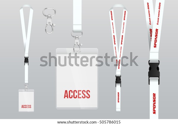 Set of lanyard and badge. Metal piece.\
Plastic badge. Template for presentation of their design. realistic\
vector illustration.