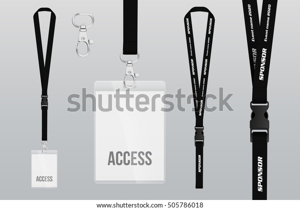 Set of lanyard and badge. Metal piece.\
Plastic badge. Template for presentation of their design. realistic\
vector illustration.