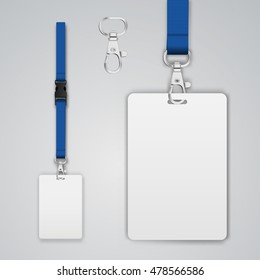 Set of lanyard and badge. Open and closed metal part. Template vector illustration. 