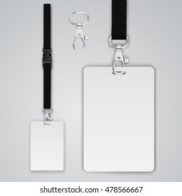 Set of lanyard and badge. Open and closed metal part. Template vector illustration. 