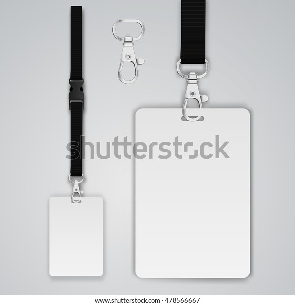 Set of lanyard and badge. Open and closed\
metal part. Template vector illustration.\

