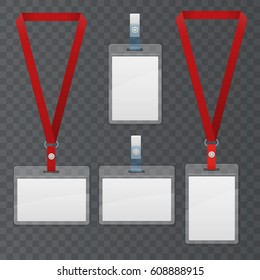 Set of lanyard and badge. Template Plastic  Badge Identification Set Can Be Used for Presentation, Company or Office. Empty Mock Up. Realistic vector illustration.