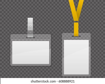Set of lanyard and badge. Template Plastic  Badge Identification Set Can Be Used for Presentation, Company or Office. Empty Mock Up. Realistic vector illustration.