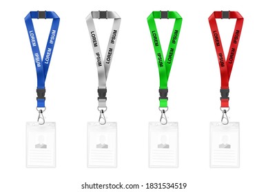 Set of lanyard with id card. Vector illustration isolated on white background. Ready template to use for for presentations, conferences, design. EPS10.	