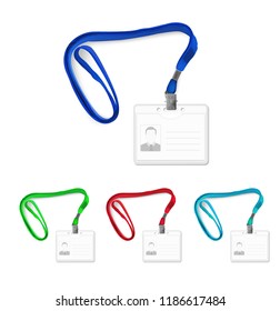 Set of lanyards with id card. Vector illustration isolated on white background. Ready mockup to use for for presentations, conferences and other business situations. EPS10.
