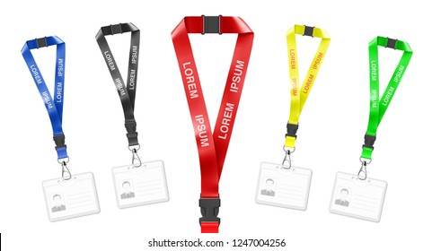 Set of lanyards with id card. Vector illustration isolated on white background. Ready mockup to use for for presentations, conferences and other business situations. EPS10.