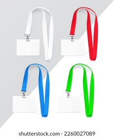 Set of lanyards with id card. Vector illustration isolated on white background. Ready mockup to use for for presentations, conferences and other business situations. EPS10.