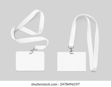 Set of lanyards with id card. Vector illustration isolated on grey background. Ready mockup to use for for presentations, conferences and other business situations. EPS10.