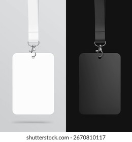Set of lanyards with id card. Vector illustration on grey and black background. Ready mockup to use for presentations, conferences and other business situations. EPS10.