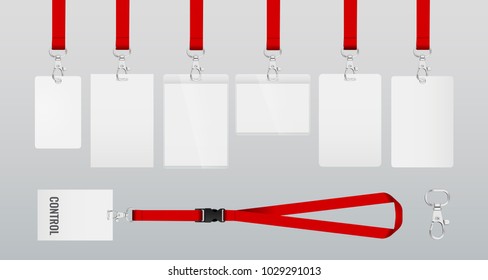 set of lanyards with labels of different formats. lanyards for access control, security or identification. Illustration of lanyards with metal closure. example in red color. Vector eps