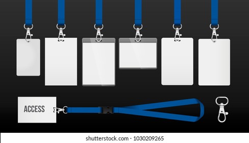 set of lanyards with labels of different formats. lanyards for access control, security or identification. Illustration of lanyards with metal closure. example in blue color. Vector eps