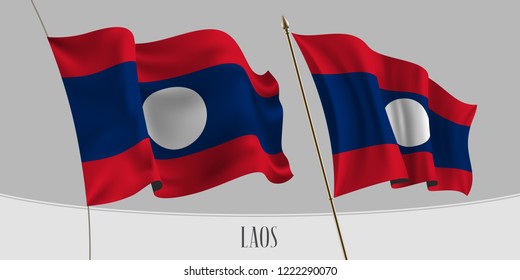 Set of Lao waving flag on isolated background vector illustration. Red blue colors of  Lao wavy realistic flag as a patriotic symbol 