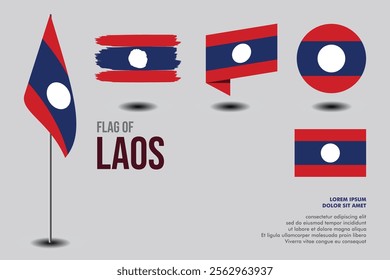 Set of Laos flag in 5 designs: flag on pole, brush stroke, skew, round and standard. vector, flat, isolated on grey background