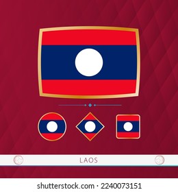 Set of Laos flags with gold frame for use at sporting events on a burgundy abstract background. Vector collection of flags.