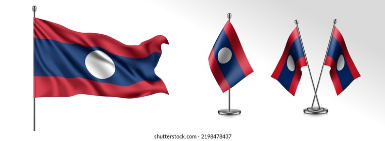 Set of Laos waving flag on isolated background vector illustration. 3 Laotian wavy realistic flag as a patriotic symbol