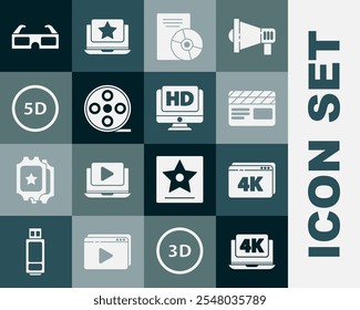 Set Laptop with 4k video, Online play, Movie clapper, CD or DVD disk, Film reel, 5d virtual reality, 3D cinema glasses and Monitor HD icon. Vector