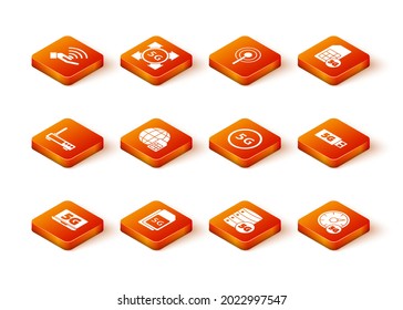 Set Laptop mit 5G Netzwerk, Sim Card, Router und Wi-Fi Signal, Globe, Server, Digital Speed Meter und Modem Symbol. Vektorgrafik