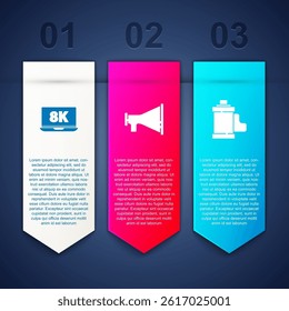 Set Laptop with 8k, Megaphone and Camera film roll cartridge. Business infographic template. Vector