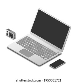 set of laptop, action camera, and smartphone in isometric view, vector illustration isolated on white background