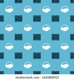 Set Laptop with app delivery tracking  and Support operator in touch on seamless pattern. Vector