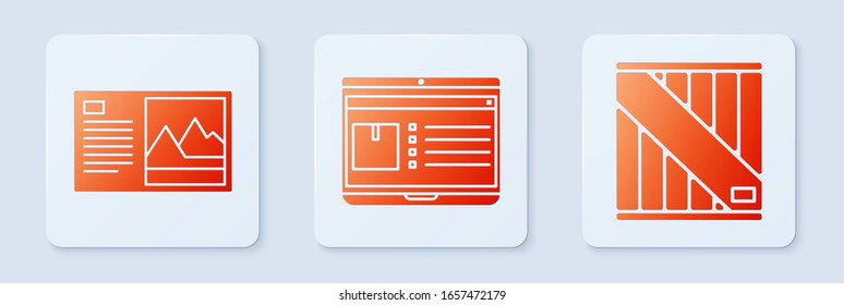 Establecer portátil con seguimiento de entrega de aplicaciones , postal y caja de madera . Botón cuadrado blanco. Vector