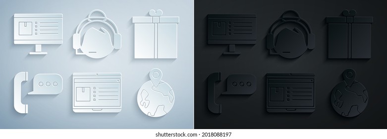 Configure el portátil con seguimiento de entrega de aplicaciones, caja de regalo, chat de burbujas de voz telefónica, a nivel mundial, toque del operador de soporte técnico e icono del monitor de ordenador. Vector