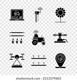 Set Laptop application for smart farm, Router and wi-fi signal, Flower, Smart with drone, Automatic irrigation sprinklers, Location tree, bulb plant and Wireless tractor icon. Vector