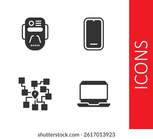 Set Laptop, Artificial intelligence robot, Neural network and Mobile phone icon. Vector