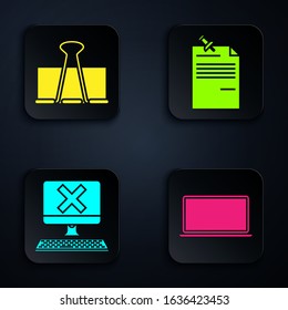 Set Laptop, Binder clip, Computer with keyboard and x mark and Note paper with pinned pushbutton. Black square button. Vector