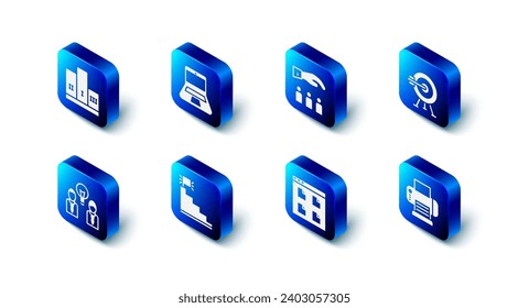 Set Laptop, Boss with employee, Target arrow, Printer, Browser files, Stair finish flag, People lamp bulb and Award over winner podium icon. Vector