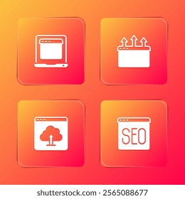 Set Laptop with browser window, Browser, Cloud upload and SEO optimization icon. Vector