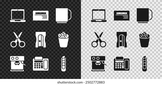 Set Laptop, Business card, Coffee cup, machine, Telephone, Stationery knife, Scissors and Pencil sharpener icon. Vector