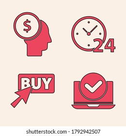 Set Laptop, Business man planning mind, Clock 24 hours and Buy button icon. Vector