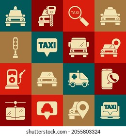 Set Laptop call taxi service, Taxi telephone, Map pointer with, Magnifying glass and car, Traffic light,  and Car icon. Vector