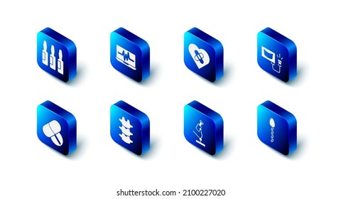 Set Laptop with cardiogram, Healed broken heart, Ultrasound, Sperm, Microscope, Human spine, Medicine pill or tablet and Medical vial, ampoule icon. Vector