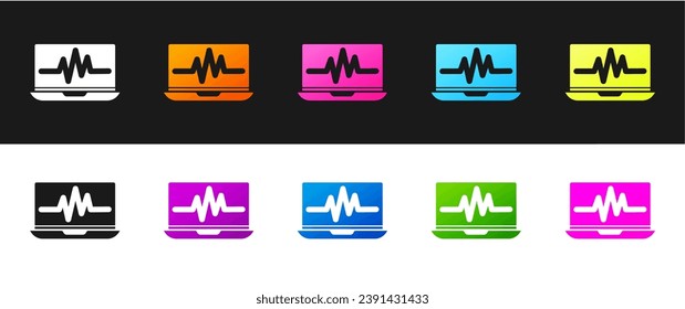Set Laptop mit Kardiogramm Symbol einzeln auf schwarz-weißem Hintergrund. Überwachungssymbol. EKG-Monitor mit Herzschlag handgezeichnet.  Vektorgrafik