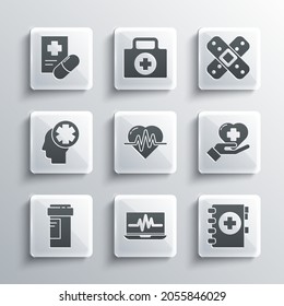 Set Laptop with cardiogram, Medical clipboard, Heart cross, rate, Medicine bottle, Male head hospital, prescription and Crossed bandage plaster icon. Vector