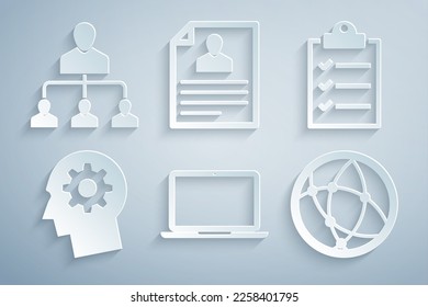 Set Laptop, Clipboard with checklist, Human head gear inside, Social network, Resume and Referral marketing icon. Vector