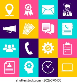 Set Laptop, Clipboard with checklist, Phone book, Envelope, Stacks paper money cash and Megaphone icon. Vector