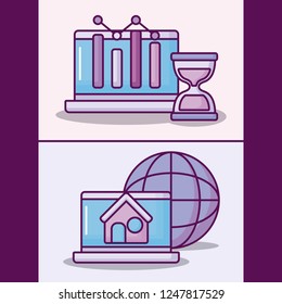 set laptop computer with electronic business icons